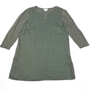 J Jill Tunic Top Womens Small Green 100% Love Linen 3/4 Sleeve Split Neck Casual